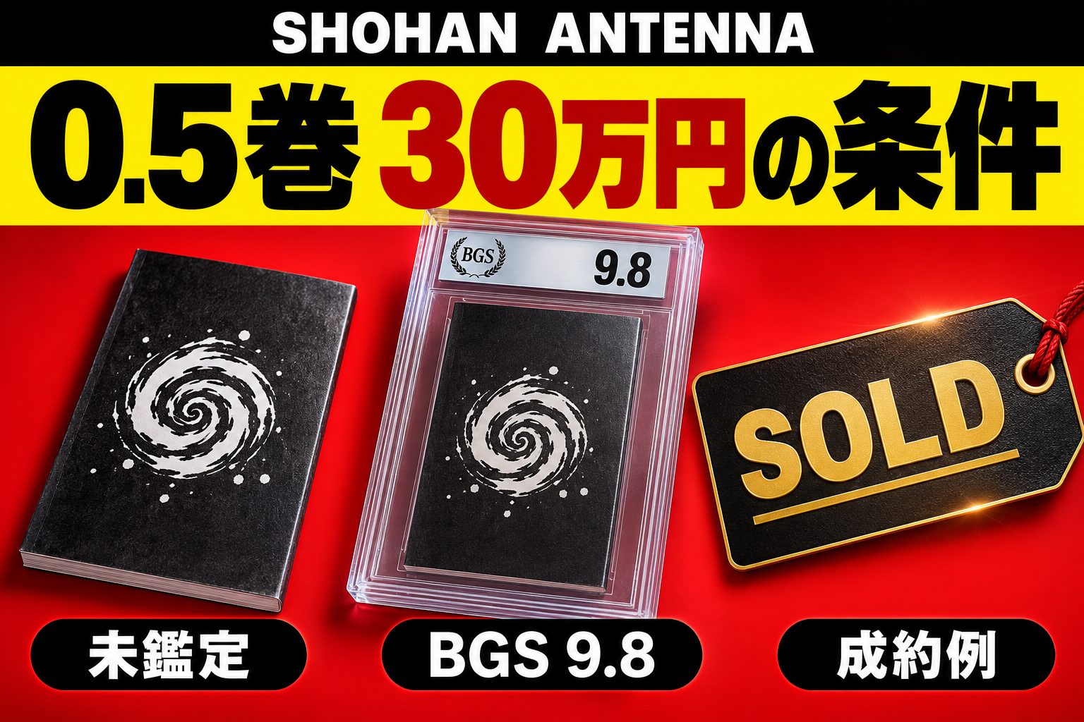 未鑑定の漫画小冊子、BGS 9.8の鑑定ケース、成約済み表示を比較し、呪術廻戦0.5巻の価値条件を表す初版アンテナのイメージ画像。実在する表紙やキャラクターは再現していません。