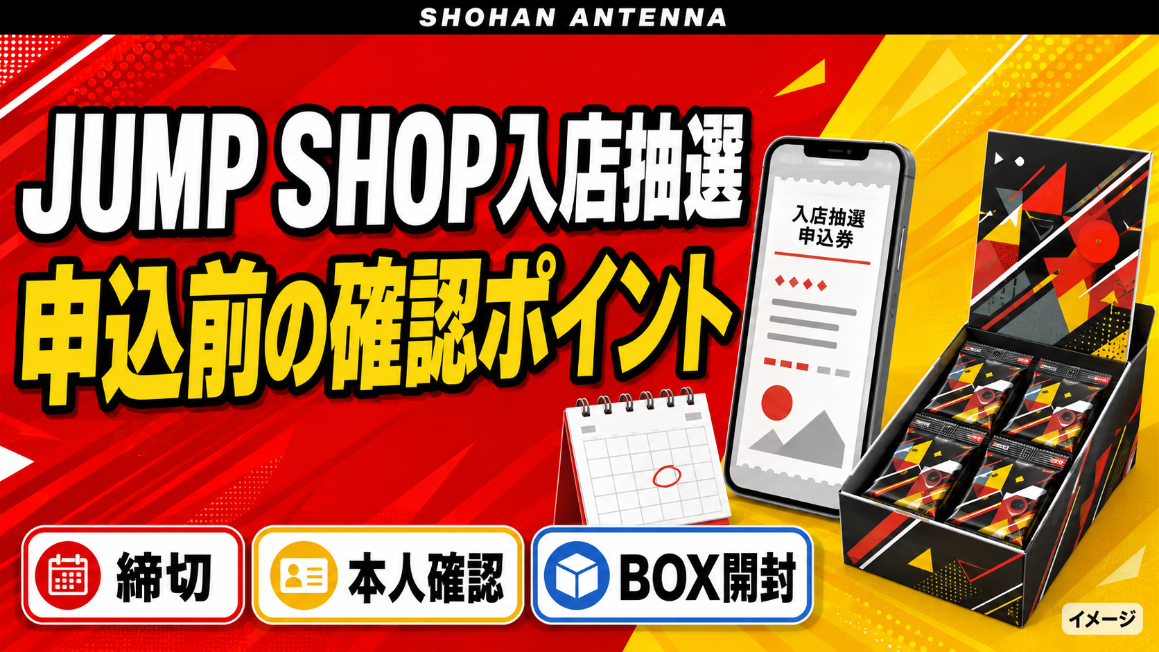 入店抽選の締切、本人確認、BOX開封を表すイメージ。汎用の申込画面と開封したカード用BOXを配置。